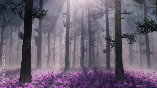 Trees in a haze, Spring garden in the morning in the fog, trees on flowering ground, 3D rendering