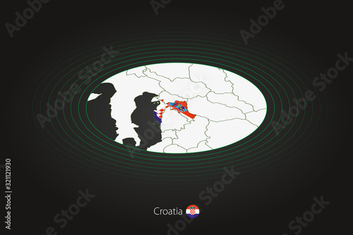 Croatia map in dark color, oval map with neighboring countries.
