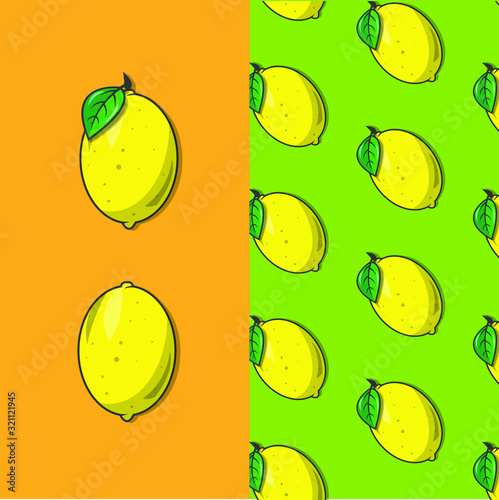limón con fondo naranja y patrón de limones con fondo verde