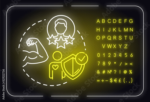Build on strengths neon light concept icon. Premium membership for gym. Physical health idea. Outer glowing sign with alphabet, numbers and symbols. Vector isolated RGB color illustration
