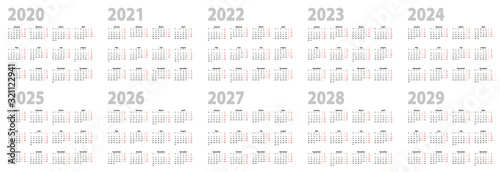 Calendar set in basic design for 2020, 2021, 2022, 2023, 2024, 2025, 2026, 2027, 2028, 2029 years. Week starts on Monday. photo