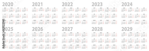 Calendar set in basic design for 2020, 2021, 2022, 2023, 2024, 2025, 2026, 2027, 2028, 2029 years. Week starts on Monday.