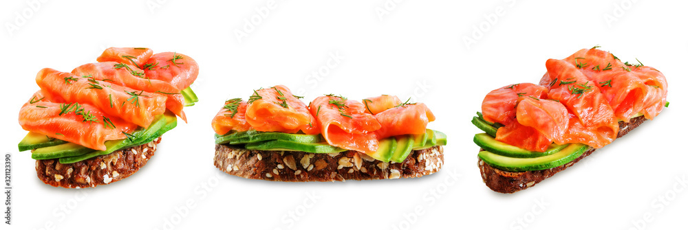 Smoked salmon avocado rye sandwich on a white isolated background Smoked salmon avocado rye sandwich on a white isolated background