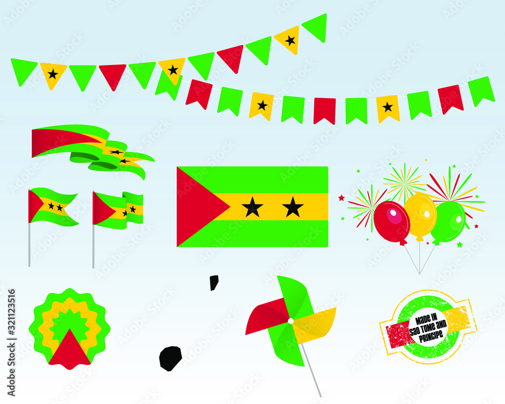 National holiday. Sao Tome and Principe Independence Day, set of vector design elements. Made in Sao Tome and Principe. Map, flags, ribbons, turntables, sockets. Vector. Symbolism