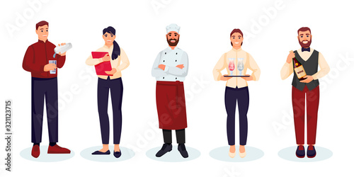 Restaurant staff team. Vector illustration. Waiters, chef, bartender and sommelier people cartoon characters set.