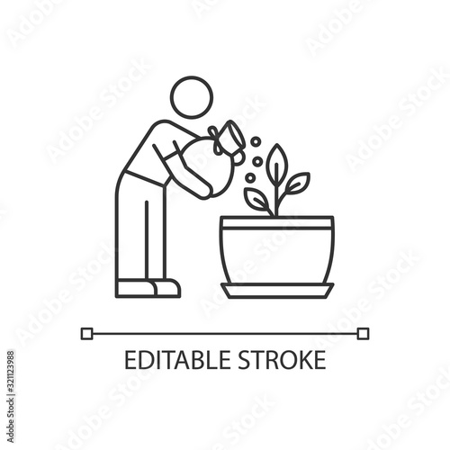 Fertilizing seedling pixel perfect linear icon. Feeding sapling. Growth supplements, amendments. Thin line customizable illustration. Contour symbol. Vector isolated outline drawing. Editable stroke