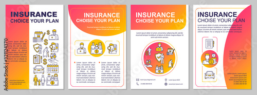 Choose insurance plan brochure template. Personal security. Flyer, booklet, leaflet print, cover design with linear icons. Vector layouts for magazines, annual reports, advertising posters
