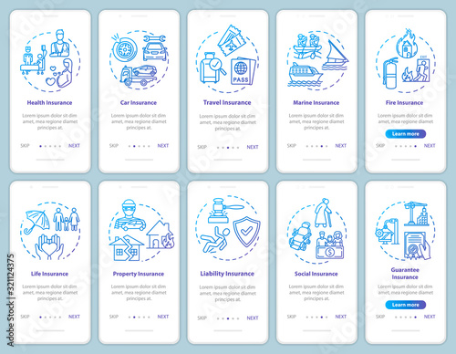 Insurance onboarding mobile app page screen with concepts. Tourism payment. Personal policy plan walkthrough 5 steps graphic instructions. UI vector template with RGB color illustrations