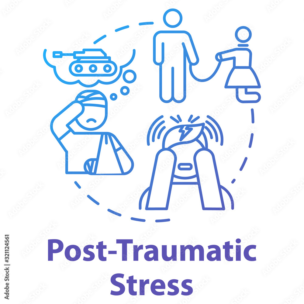 Post traumatic stress concept icon. PTSD. Horrifying memories. Mental illness. Psychology, psychiatry idea thin line illustration. Vector isolated outline RGB color drawing