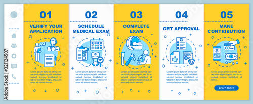 Insurance plan onboarding vector template. Agency services. Healthcare check. Personal confirmation. Responsive mobile website with icons. Webpage walkthrough step screens. RGB color concept
