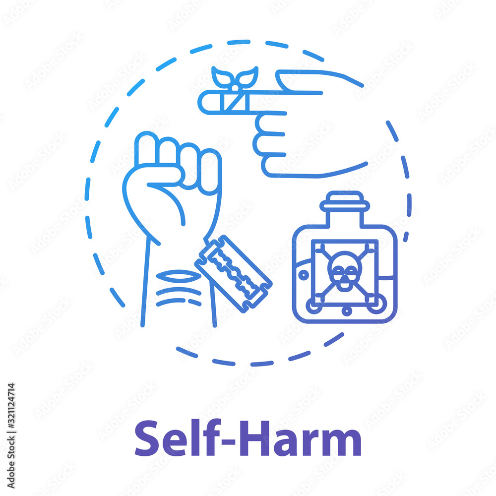 Self harm concept icon. Masochism. Self-injury and substance abuse. Personality disorder. Mental illness idea thin line illustration. Vector isolated outline RGB color drawing