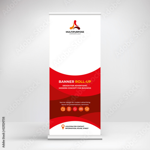 Roll-up banner design, advertising stand template for placing photos and text, modern graphic style, layout for presentation, conference, seminar, exhibition.