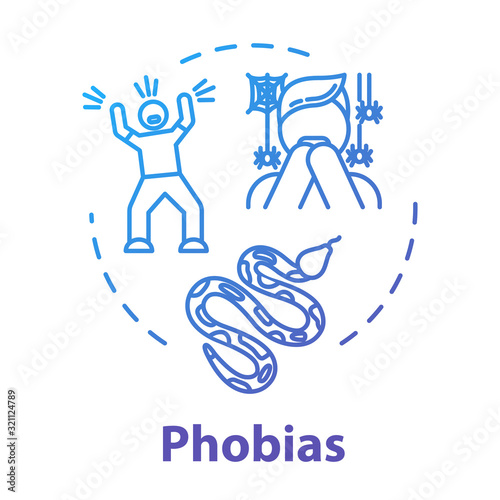 Phobias concept icon. Irrational fear reaction. Arachnophobia, herpetophobia. Mental disorder. Psychiatry idea thin line illustration. Vector isolated outline RGB color drawing