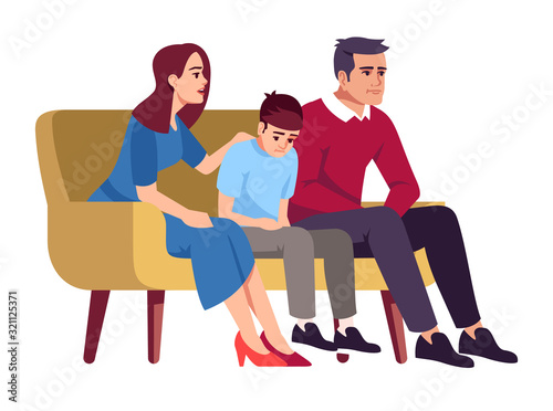 Family sitting on couch semi flat RGB color vector illustration. Parents and child. Parenting problems. School student in trouble. Therapy session. Isolated cartoon character on white background