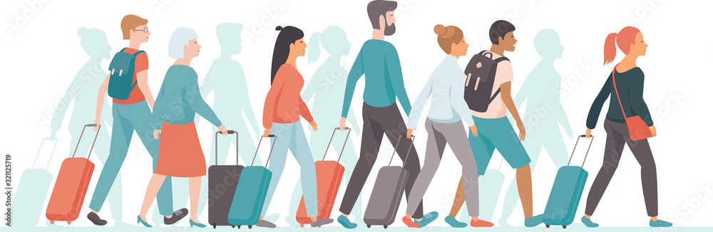 passengers with luggage standing it the queue passengers with luggage standing it the queue