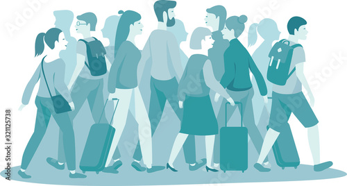 crowd of people with luggage monocolor vector illustration