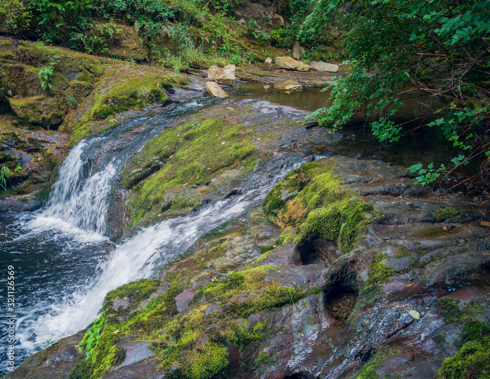 Remarkable Lower Little Mashel Falls cascading into a moss covered rocky surface leading to a small pool of water in the creek at the Charles Pack Forest during the summer in Pierce County Washington Remarkable Lower Little Mashel Falls cascading into a moss covered rocky surface leading to a small pool of water in the creek at the Charles Pack Forest during the summer in Pierce County Washington