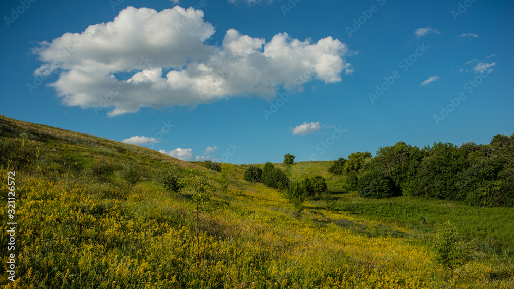 Fototapeta premium White clouds on a blue sky above a meadow in a hilly area.