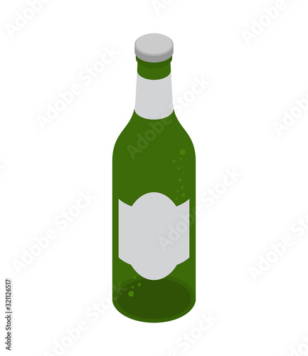 Green beer bottle isolated. Isometric alcohol. vector illustration