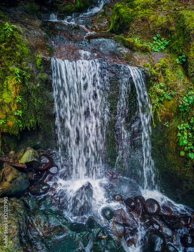 Remarkable Lower Little Mashel Falls cascading into a moss covered rocky surface leading to a small pool of water in the creek at the Charles Pack Forest during the summer in Pierce County Washington  photo