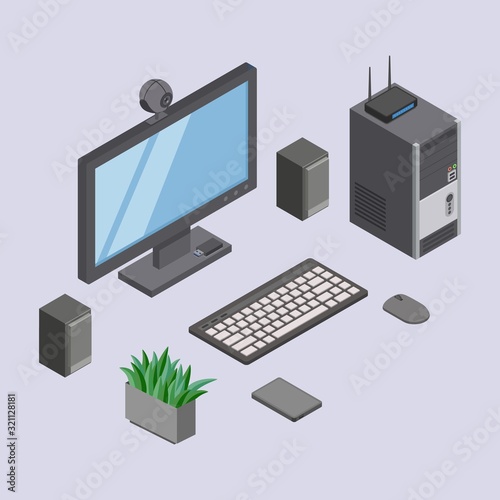 Computer and digital equipments, devices at desktop workplace vector illustration. PC computer hardware units technology home or office network. Monitor, keyboard, mouse, speakers and smartphone.