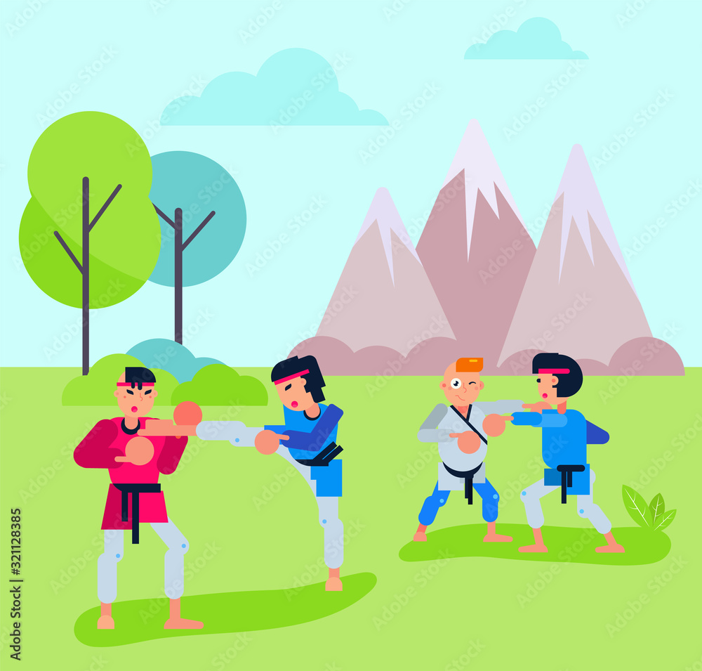 Group of people men women couples do karate aikido in open air outdoors vector illustration. Oriental martial arts training people sport activity workout exercises in park.