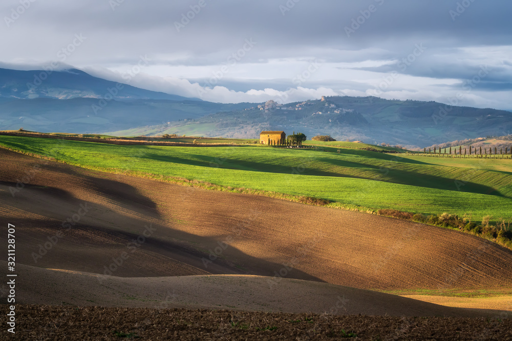 Fototapeta premium Amazing spring landscape with green rolling hills and farm houses in the heart of Tuscany in morning