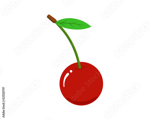 Single cherry fruit flat icon. Fresh sweet natural red berry with green leaf isolated vector illustration