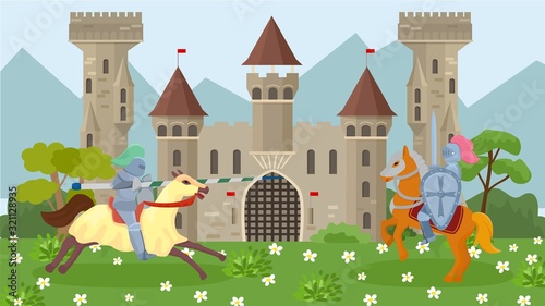 Battle of medieval knights on horseback vector illustration. Knights in armor, with shields and weapons spear and sword. Ancient old knights castle and mountains on background.