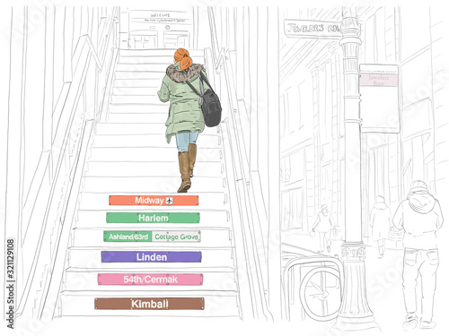 Hand drawn illustration. In Chicago, a woman walks up the stairs at the 