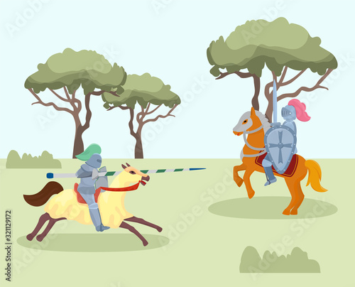 Fight of medieval knights vector illustration. Two men warriors historical characters in knight armor riding horses, with spear, shield and sword. Military battle, jousting tournament.