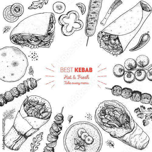 Doner kebab cooking and ingredients for kebab, sketch illustration. Arabic cuisine frame. Fast food menu design elements. Shawarma hand drawn frame. Middle eastern food.