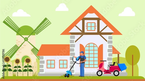 Man worker gardener or owner mows grass lawn near country house vector illustration. Motorcycle and electric two lawn mowers equipment household machine. Mill, blooming sunflowers.