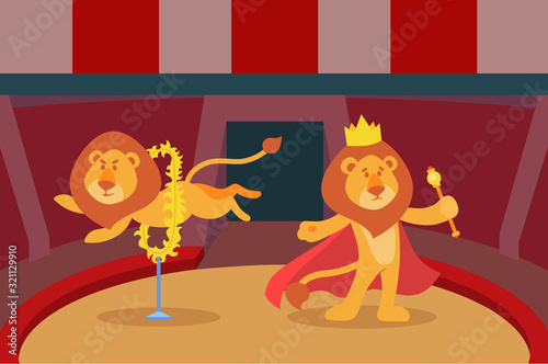 Lions trick animal fire performance in circus arena vector illustration. Fun art entertainment festive carnival wild jumping lion trained cute artist show with burning ring.