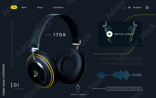 Web music shop header. Website or mobile app landing page with wireless headphones. Shop of electronics and music accessories. Music sound flyer poster or banner.