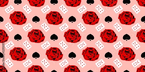 playing cards seamless pattern. Red rose on a pink background..