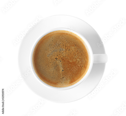 Cup of delicious coffee isolated on white  top view
