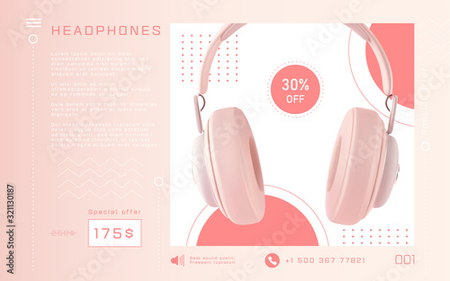 Web music shop header. Website or mobile app landing page with wireless headphones. Shop of electronics and music accessories. Music sound flyer poster or banner.