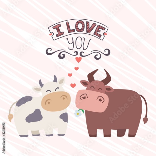 Funny cartoon animals cow and bull vector illustration. Confession of love le...
