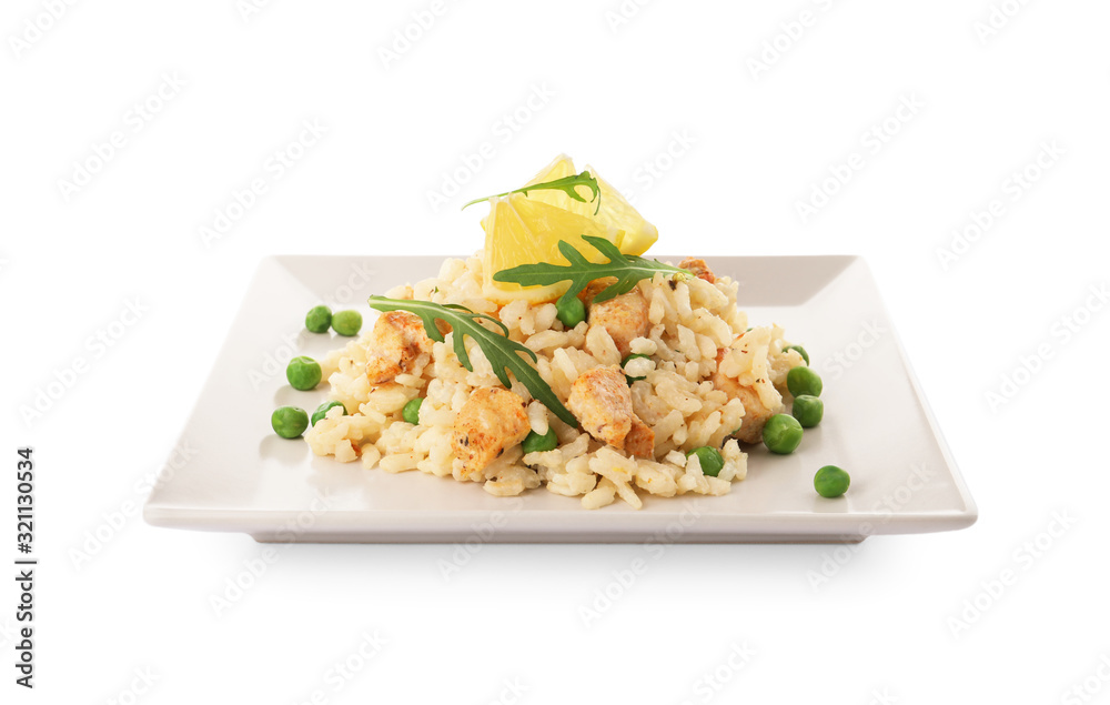 Delicious chicken risotto with lemon slices isolated on white Delicious chicken risotto with lemon slices isolated on white