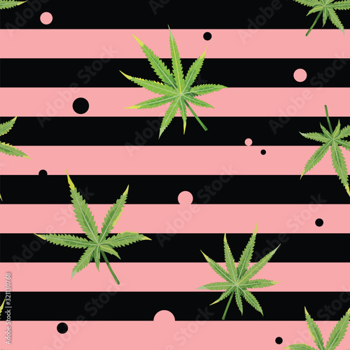 Cannabis seamless pattern with green marijuana leaves, black and pink strips, round dots. Vector illustration in flat simple trendy style
