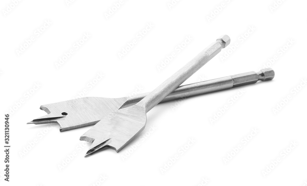 Spade drill bits isolated on white. Carpenter's tools