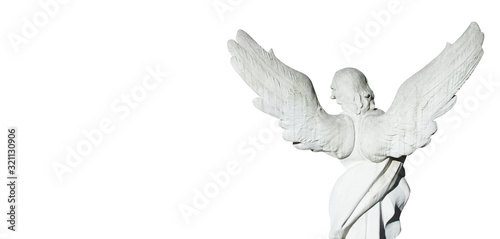Ancient statue af angel isolated on white background as symbol of pain, fear and end of life.