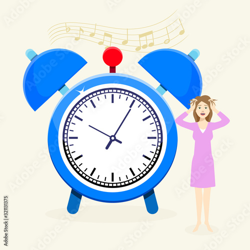 Woman in panic clutched her head next to huge ringing alarm clock vector illustration. Sound of alarm clock, stressed girl in morning overslept work, late, forgot, deadline time concept.