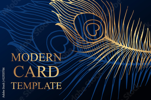 Modern luxury card template for business or presentation or greeting with golden peacock feathers on a navy blue background.