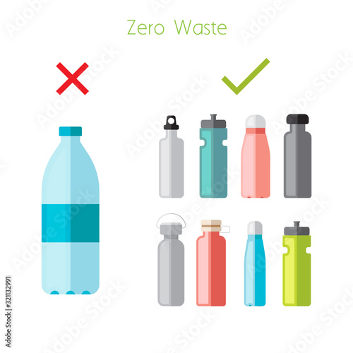 Reusable water bottles set - zero waste tips - reduce plastic waste illustration - ecological green alternative to plastic bottles