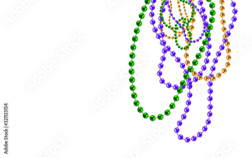 Multi color 3D gold, green, purple beads isolated on white background. Set for Celebratory Design, Xmas Holiday, greeting card. Mardi gras decorations, design element. vector illustration