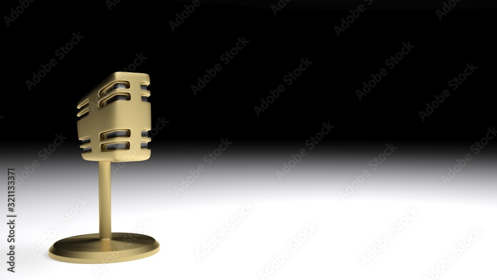 Old style satin metal brass microphone on a white surface, on black background - 3D rendering illustration Old style satin metal brass microphone on a white surface, on black background - 3D rendering illustration