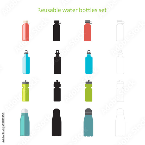 Set of sport and travel reusable water bottles - zero waste reduce plastic ecological alternative - Different types of bottles icon set isolated on white background