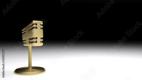Old style satin metal brass microphone on a white surface  on black  background - 3D rendering illustration
